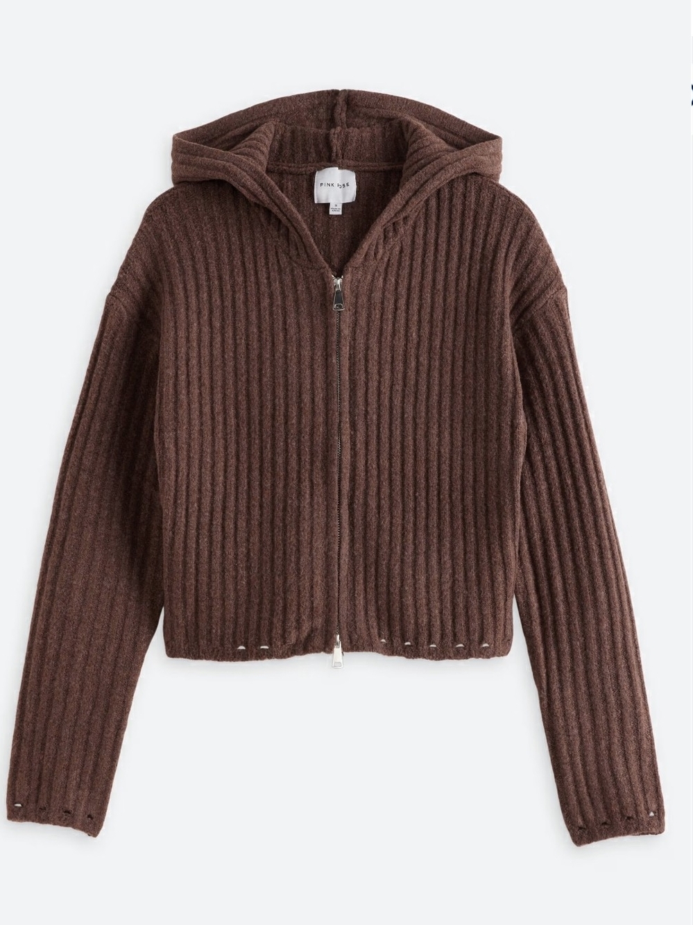 Pink Rose Ribbed Zip Hoodie Sweater in Brown